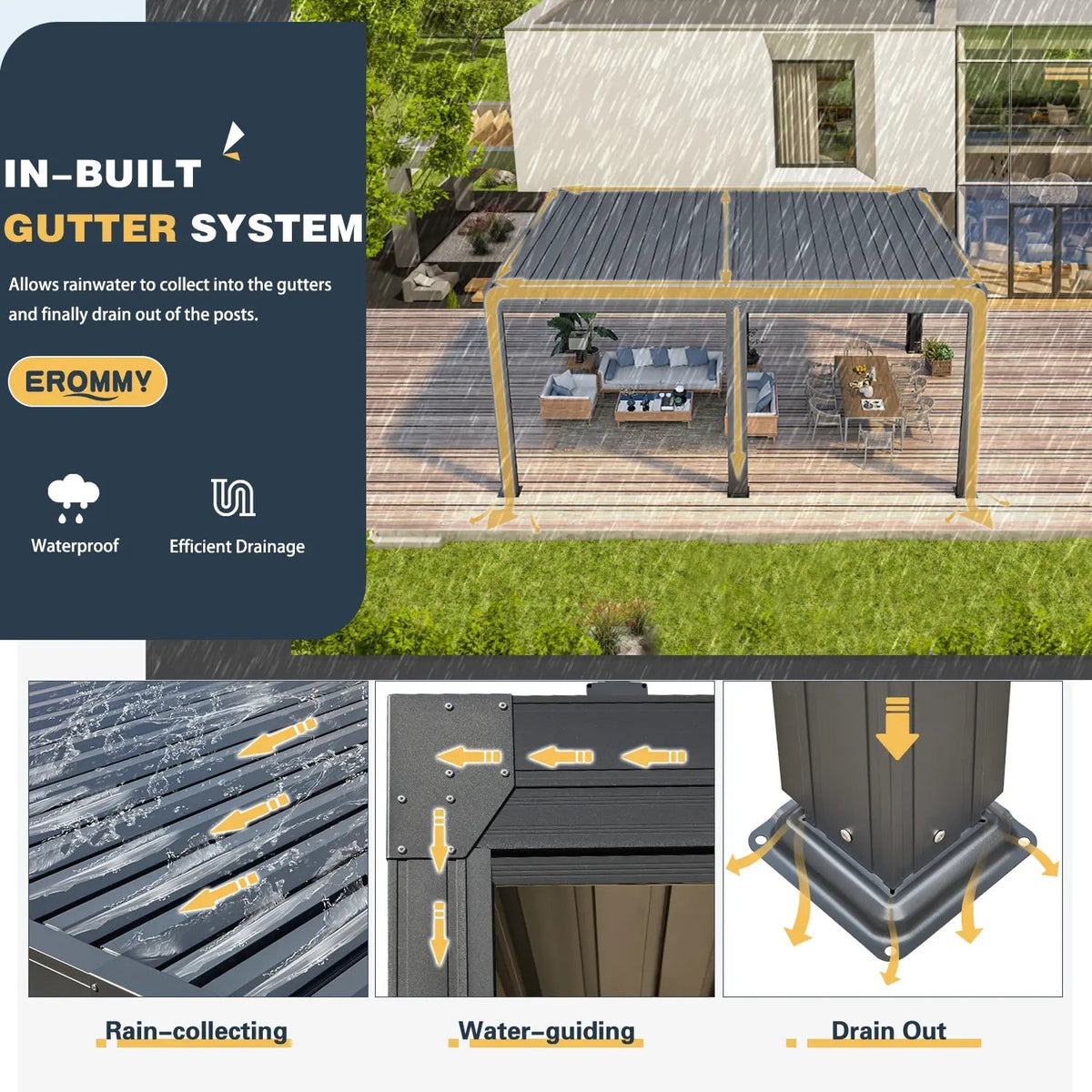 EROMMY 12x16 Pergola with Waterproof Roof Panels – Grey