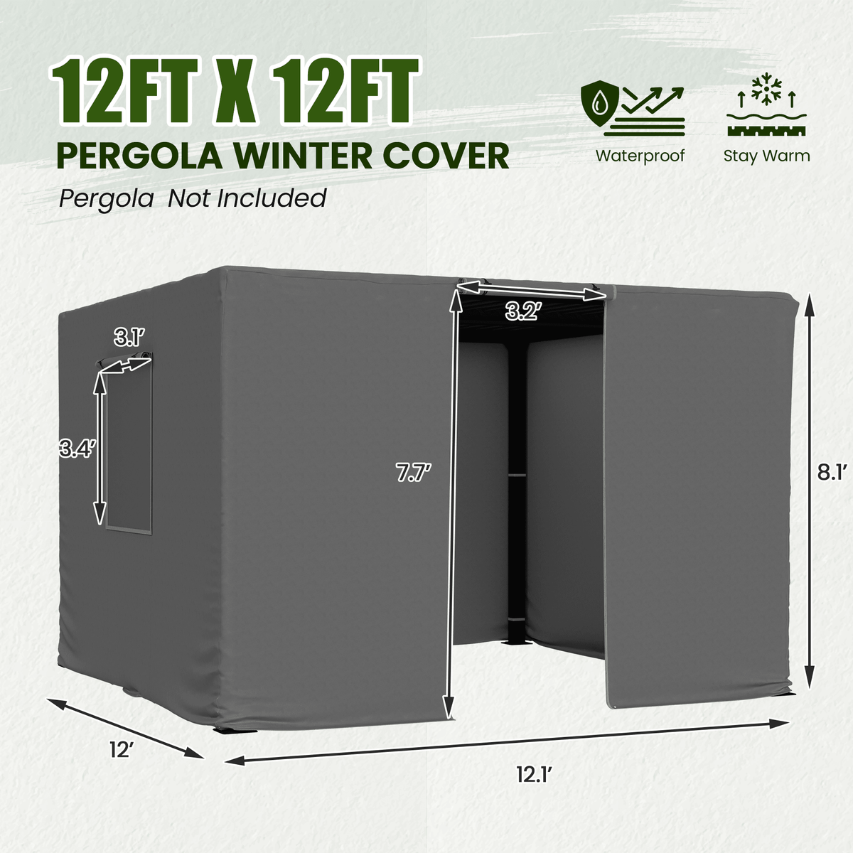 12FT X 12FT Pergola Winter Cover,  All-Season Pergola Accessory, Outdoor Pergola Cover with Sidewalls and Mesh Windows, Waterproof Enclosure for Weather Protection, Fits Most Pergola Sizes