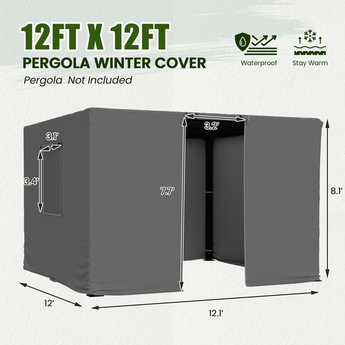 12FT X 12FT Pergola Winter Cover,  All-Season Pergola Accessory, Outdoor Pergola Cover with Sidewalls and Mesh Windows, Waterproof Enclosure for Weather Protection, Fits Most Pergola Sizes