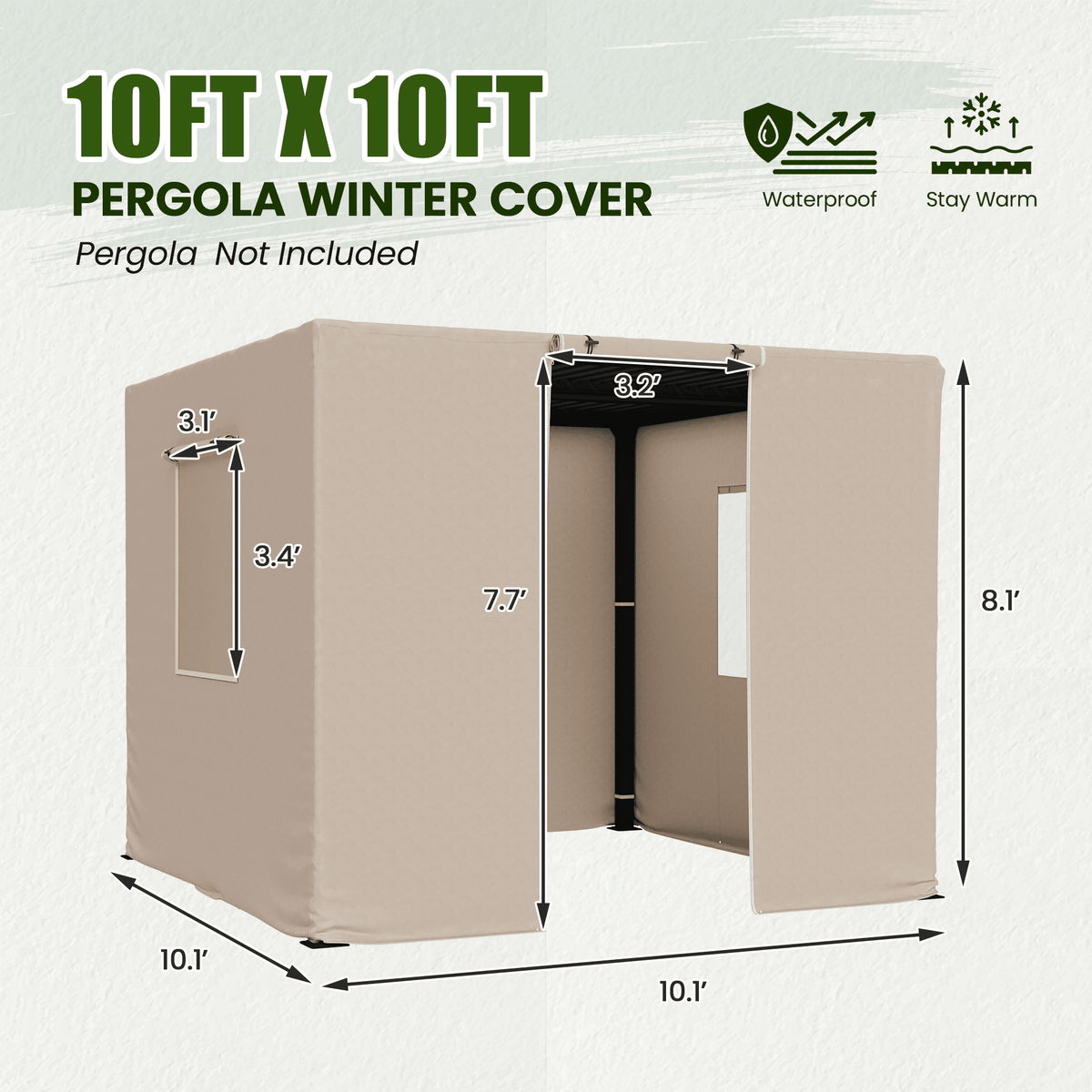 10FT X 10FT Pergola Winter Cover,  All-Season Pergola Accessory, Outdoor Pergola Cover with Sidewalls and Mesh Windows, Waterproof Enclosure for Weather Protection, Fits Most Pergola Sizes, Beige