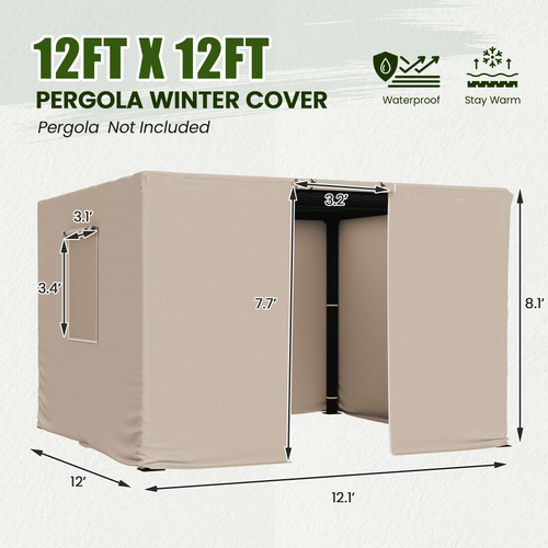 12FT X 12FT Pergola Winter Cover,  All-Season Pergola Accessory, Outdoor Pergola Cover with Sidewalls and Mesh Windows, Waterproof Enclosure for Weather Protection, Fits Most Pergola Sizes, Beige