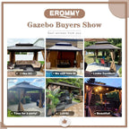 EROMMY 10' x 13' Hardtop Gazebo Canopy, Outdoor Aluminum Gazebo with Galvanized Steel Double Roof, Curtains and Netting Included, Brown