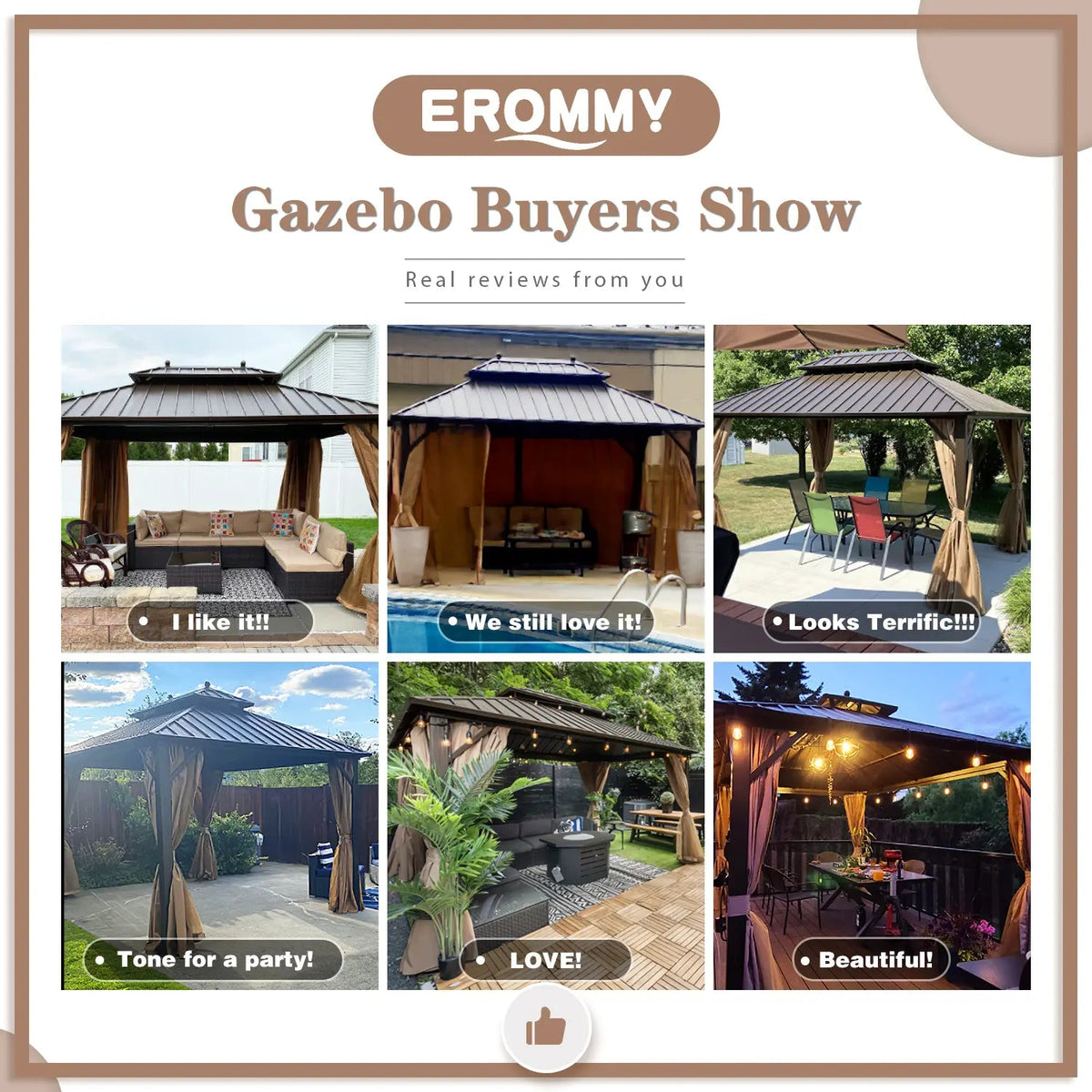 EROMMY 10' x 13' Hardtop Gazebo Canopy, Outdoor Aluminum Gazebo with Galvanized Steel Double Roof, Curtains and Netting Included, Brown