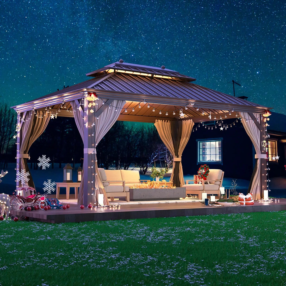 EROMMY 12' x 16' Hardtop Gazebo Galvanized Steel Double-Roof Canopy Outdoor, Aluminum Frame Permanent Metal Pavilion, Netting & Curtains