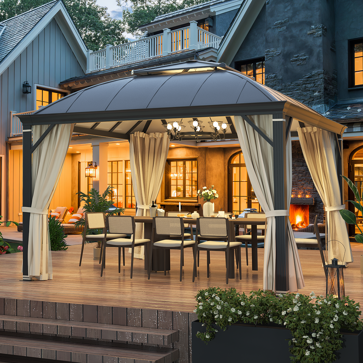 EROMMY 12' x 12' Hardtop Gazebo, Permanent Outdoor Aluminum Patio Gazebo with Aluminum Composite Double Arc Roof, Curtains and Netting Included