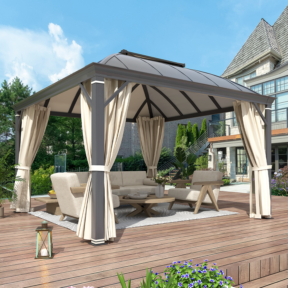 EROMMY 12' x 12' Hardtop Gazebo, Permanent Outdoor Aluminum Patio Gazebo with Aluminum Composite Double Arc Roof, Curtains and Netting Included