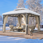 EROMMY 12' x 12' Hardtop Gazebo, Permanent Outdoor Aluminum Patio Gazebo with Aluminum Composite Double Arc Roof, Curtains and Netting Included