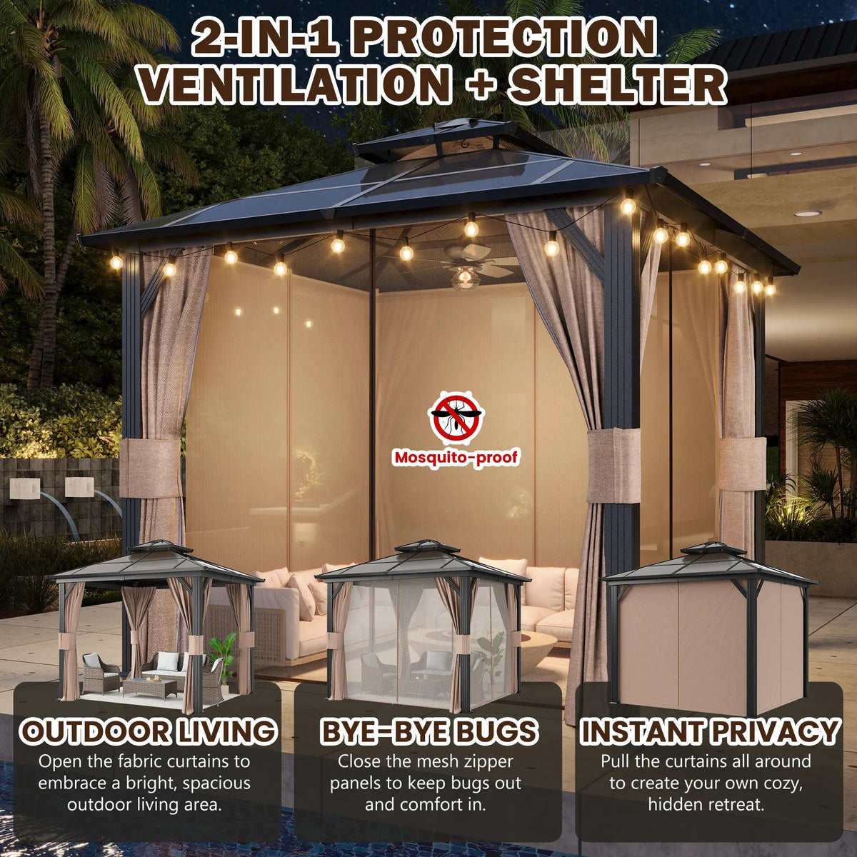 EROMMY 10X10 Gazebo with Polycarbonate Double Roof