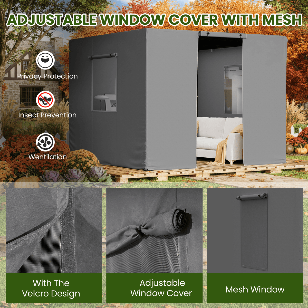 10FT X 12FT Pergola Winter Cover,  All-Season Pergola Accessory, Outdoor Pergola Cover with Sidewalls and Mesh Windows, Waterproof Enclosure for Weather Protection, Fits Most Pergola Sizes