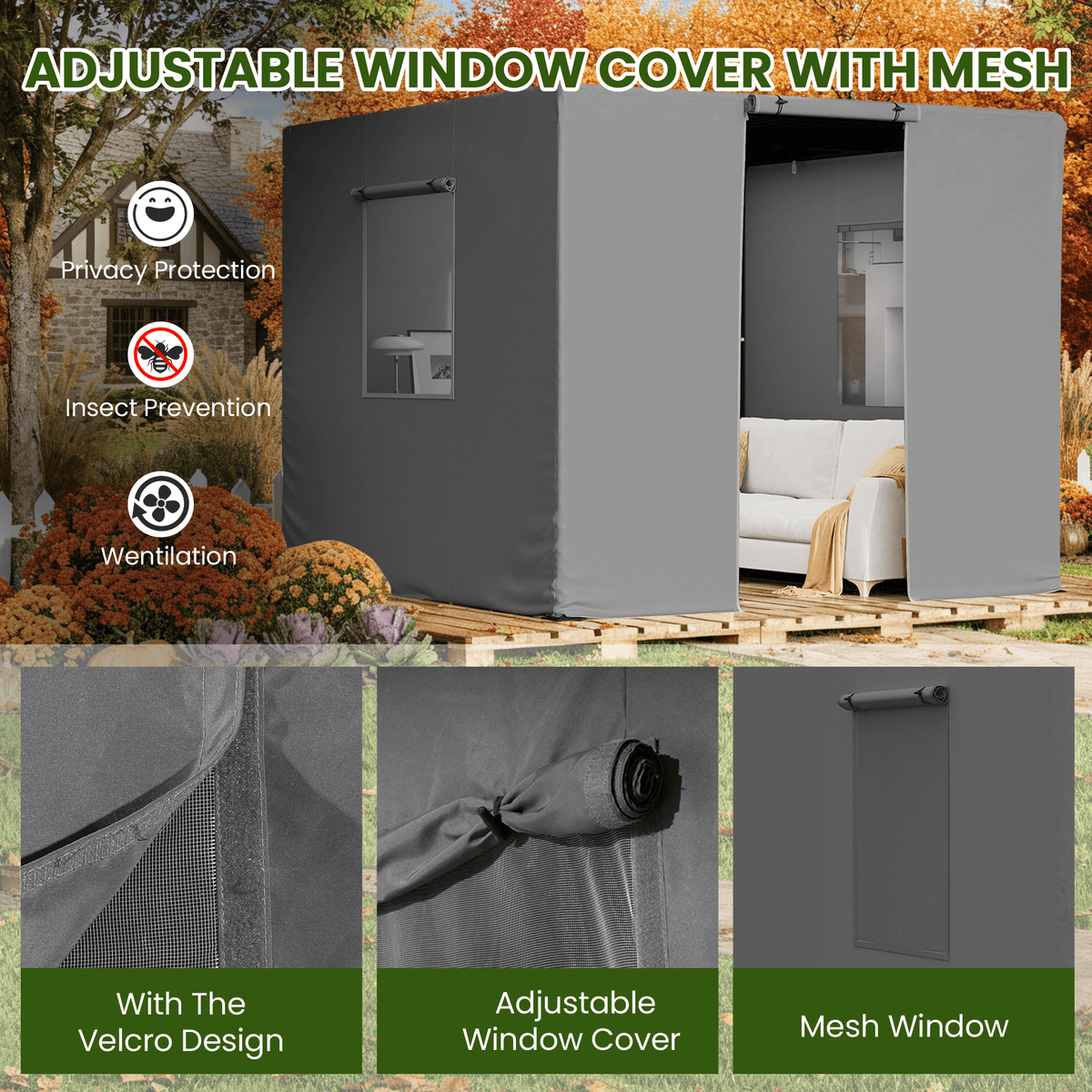 12FT X 12FT Pergola Winter Cover,  All-Season Pergola Accessory, Outdoor Pergola Cover with Sidewalls and Mesh Windows, Waterproof Enclosure for Weather Protection, Fits Most Pergola Sizes
