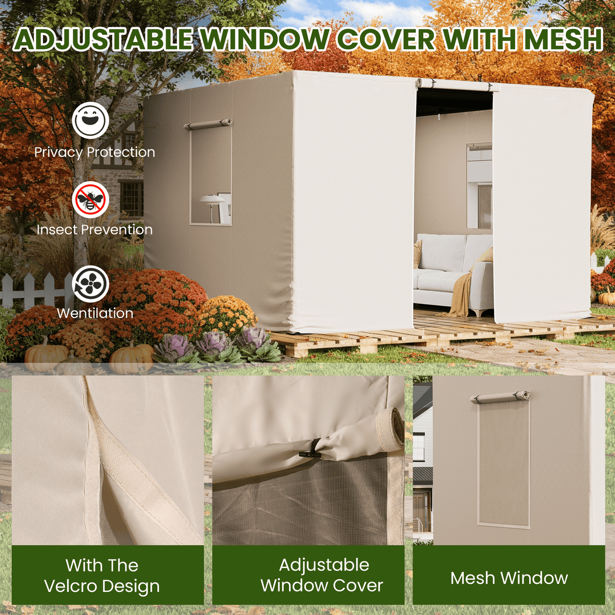 12FT X 12FT Pergola Winter Cover,  All-Season Pergola Accessory, Outdoor Pergola Cover with Sidewalls and Mesh Windows, Waterproof Enclosure for Weather Protection, Fits Most Pergola Sizes, Beige