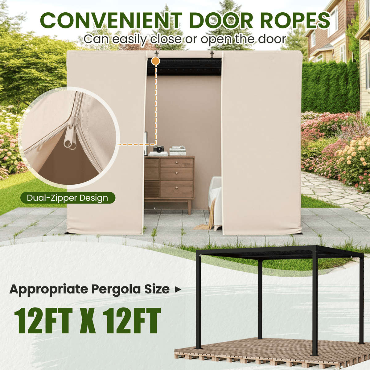 12FT X 12FT Pergola Winter Cover,  All-Season Pergola Accessory, Outdoor Pergola Cover with Sidewalls and Mesh Windows, Waterproof Enclosure for Weather Protection, Fits Most Pergola Sizes, Beige