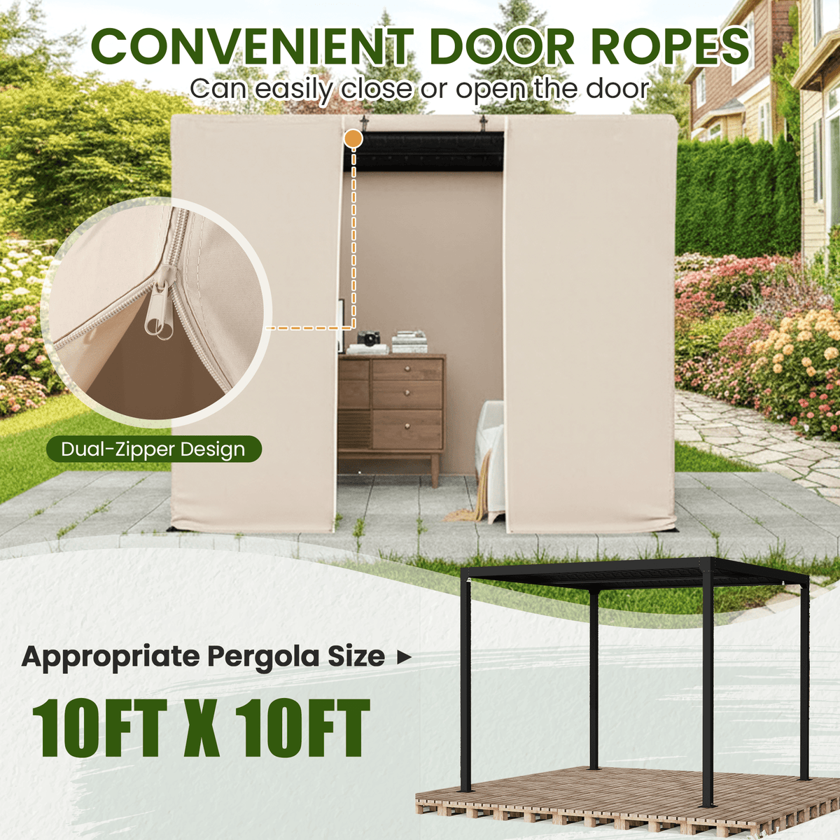 10FT X 10FT Pergola Winter Cover,  All-Season Pergola Accessory, Outdoor Pergola Cover with Sidewalls and Mesh Windows, Waterproof Enclosure for Weather Protection, Fits Most Pergola Sizes, Beige
