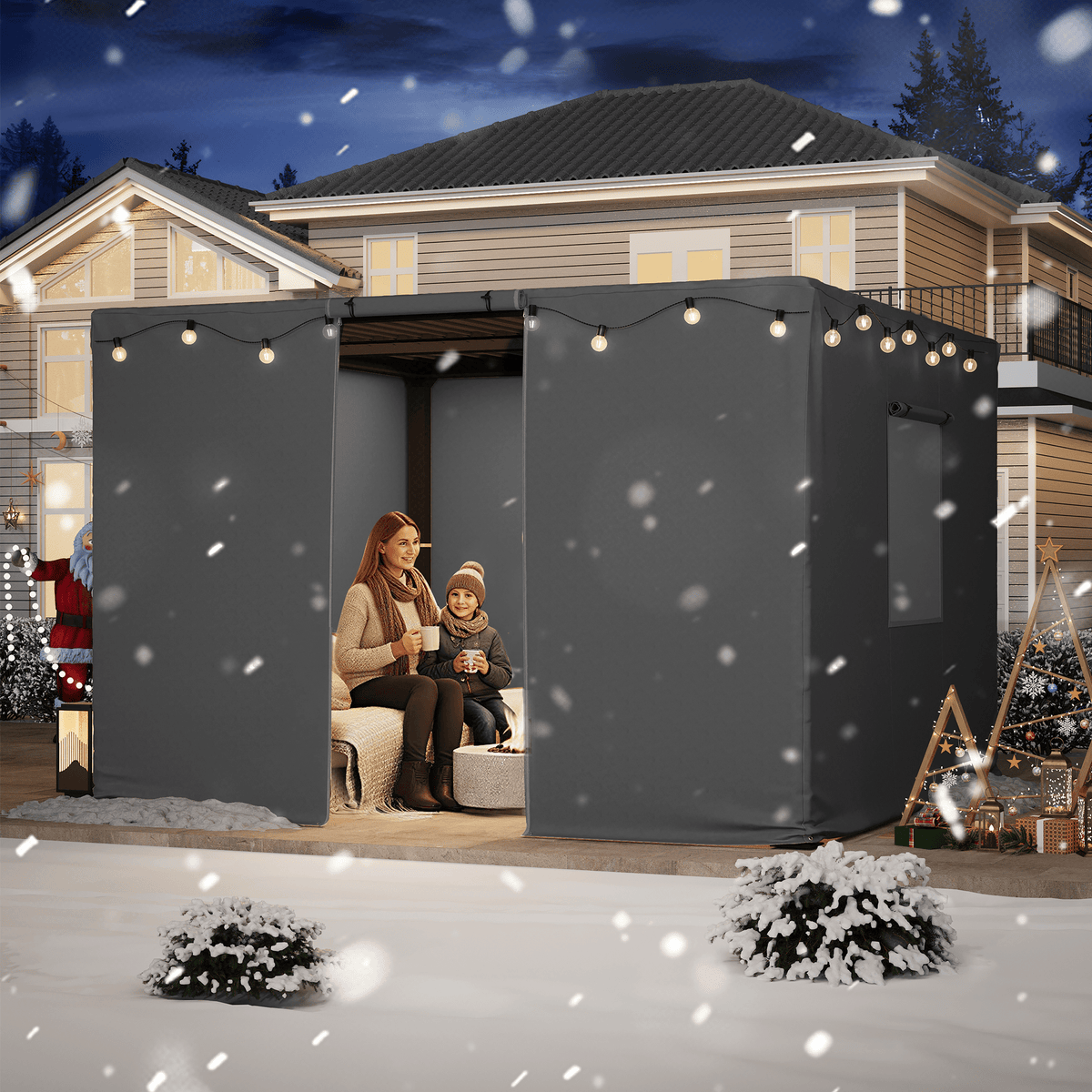 12FT X 12FT Pergola Winter Cover,  All-Season Pergola Accessory, Outdoor Pergola Cover with Sidewalls and Mesh Windows, Waterproof Enclosure for Weather Protection, Fits Most Pergola Sizes