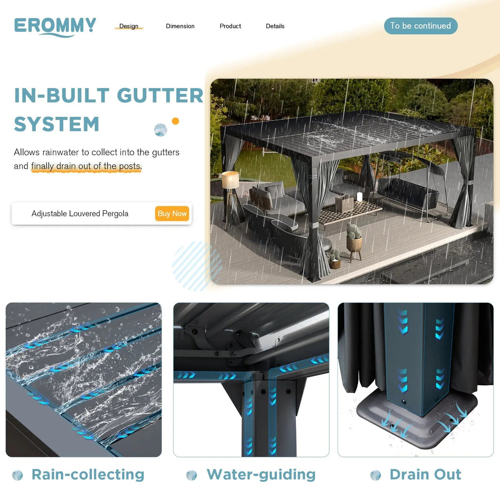EROMMY 10x12 Outdoor Louvered Pergola with Adjustable Roof– Dark Grey