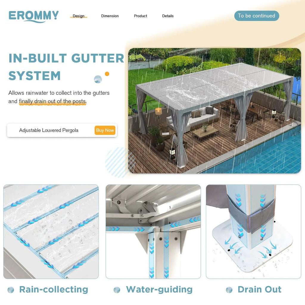 EROMMY 10x20 Louvered Pergola with Outdoor Curtains – White