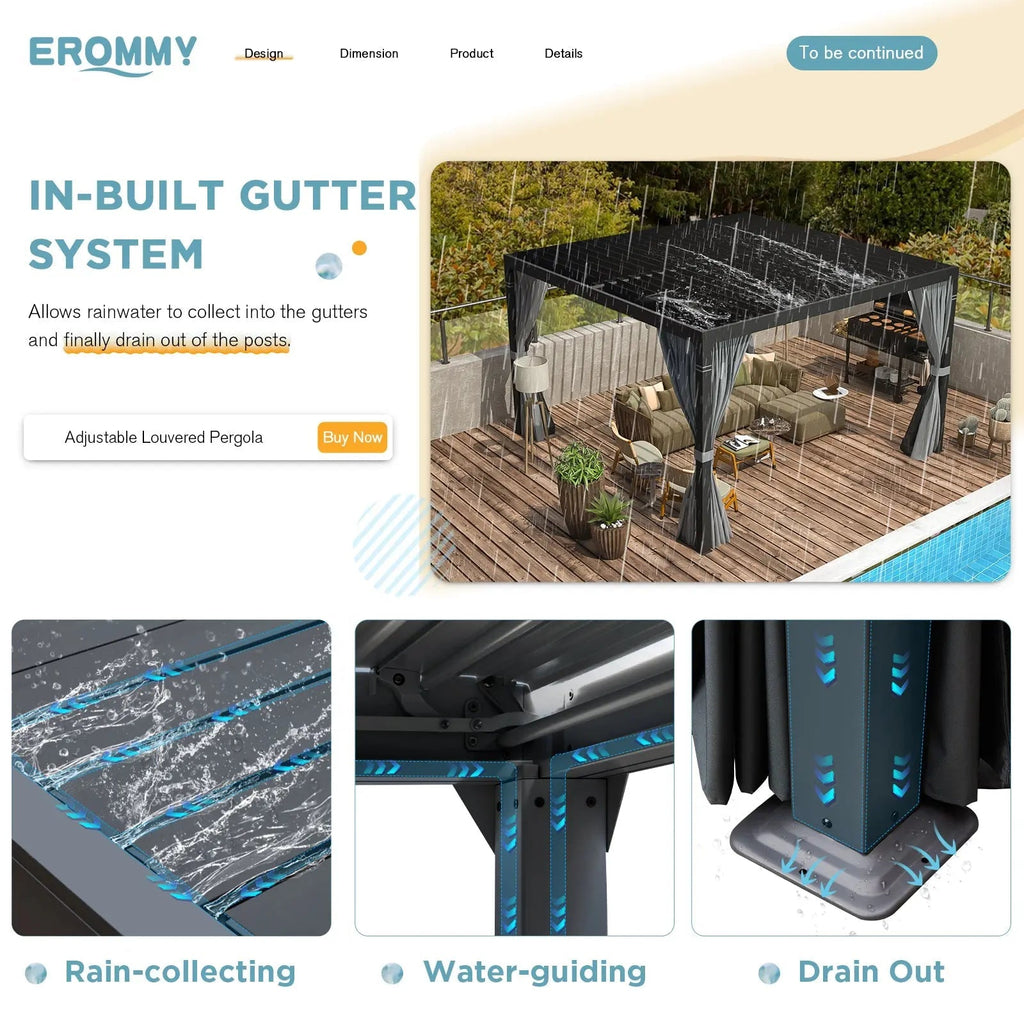 EROMMY 10x10 Louvered Pergola with Waterproof Rain Cover – Dark Grey