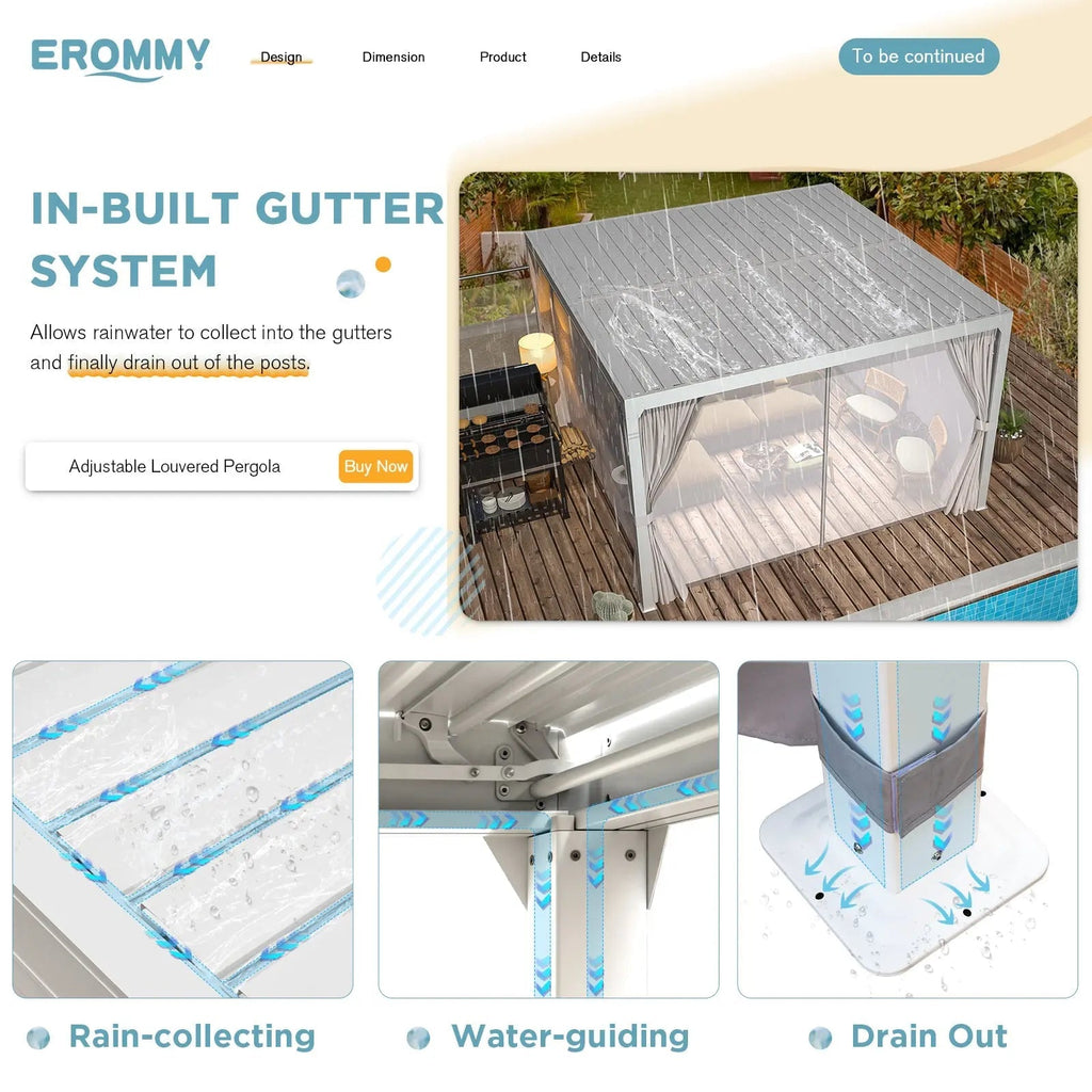 EROMMY 10x10 Louvered Pergola with Waterproof Rain Cover – White