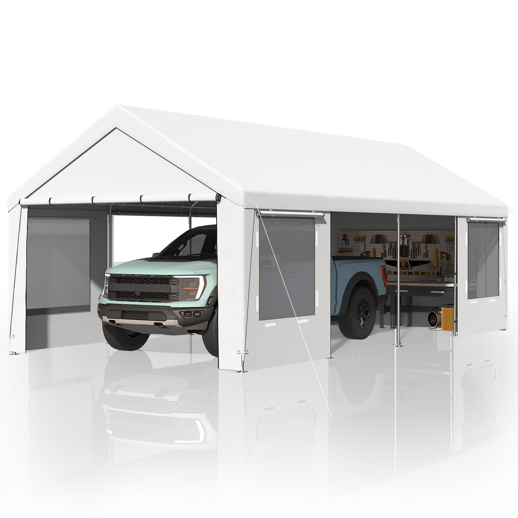 EROMMY 12' x 24' Heavy Duty Carport，Portable Garage with UV Protection & Steel Frame, Car Port with Removable Sidewalls, All-Season Car Canopy for Tractor, Truck, Boat, White