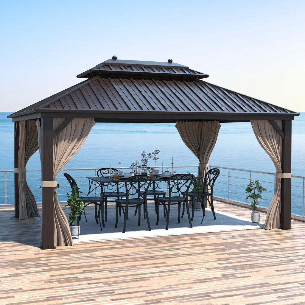EROMMY 10' x 13' Hardtop Gazebo Canopy, Outdoor Aluminum Gazebo with Galvanized Steel Double Roof, Curtains and Netting Included, Brown