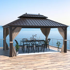 EROMMY 10' x 13' Hardtop Gazebo Canopy, Outdoor Aluminum Gazebo with Galvanized Steel Double Roof, Curtains and Netting Included, Brown