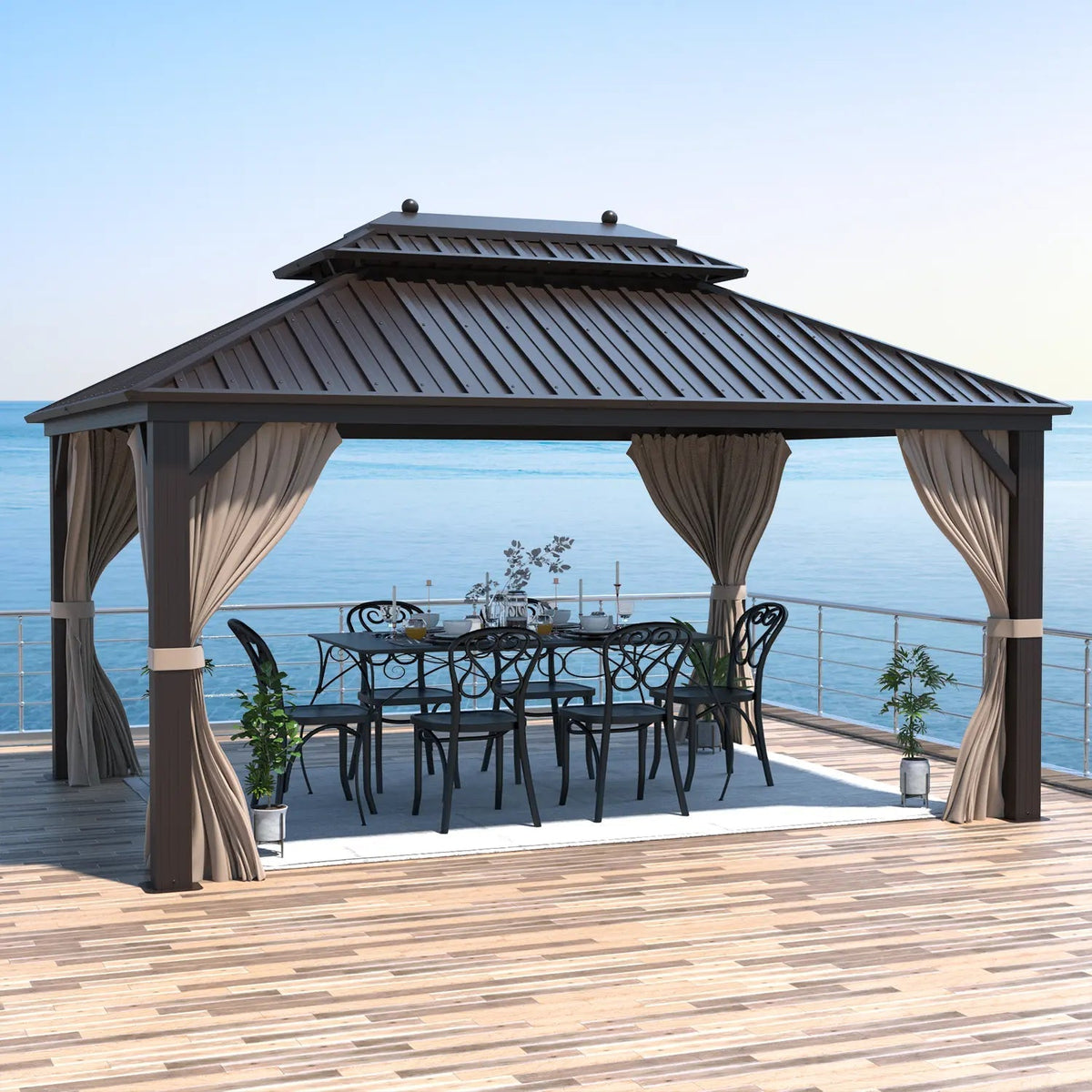 EROMMY 10' x 13' Hardtop Gazebo Canopy, Outdoor Aluminum Gazebo with Galvanized Steel Double Roof, Curtains and Netting Included, Brown