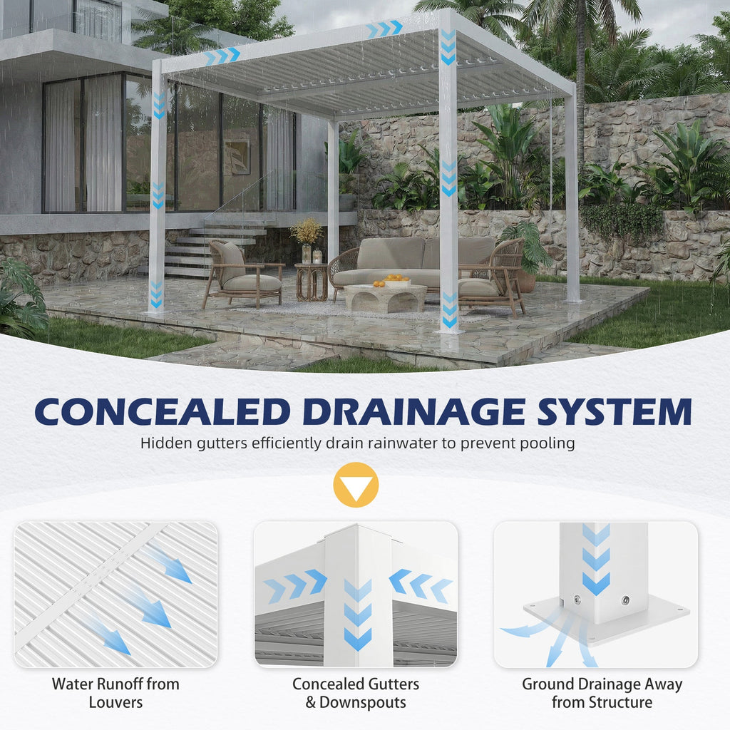 EROMMY 10' x 10' Outdoor Pergola with Adjustable Louvered Roof & Integrated Drainage, Heavy-Duty Metal Louvered Pergola for Patios, White