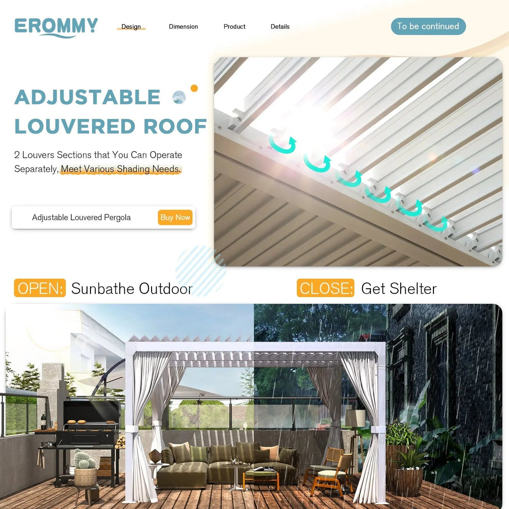 EROMMY 10x10 Louvered Pergola with Waterproof Rain Cover – White