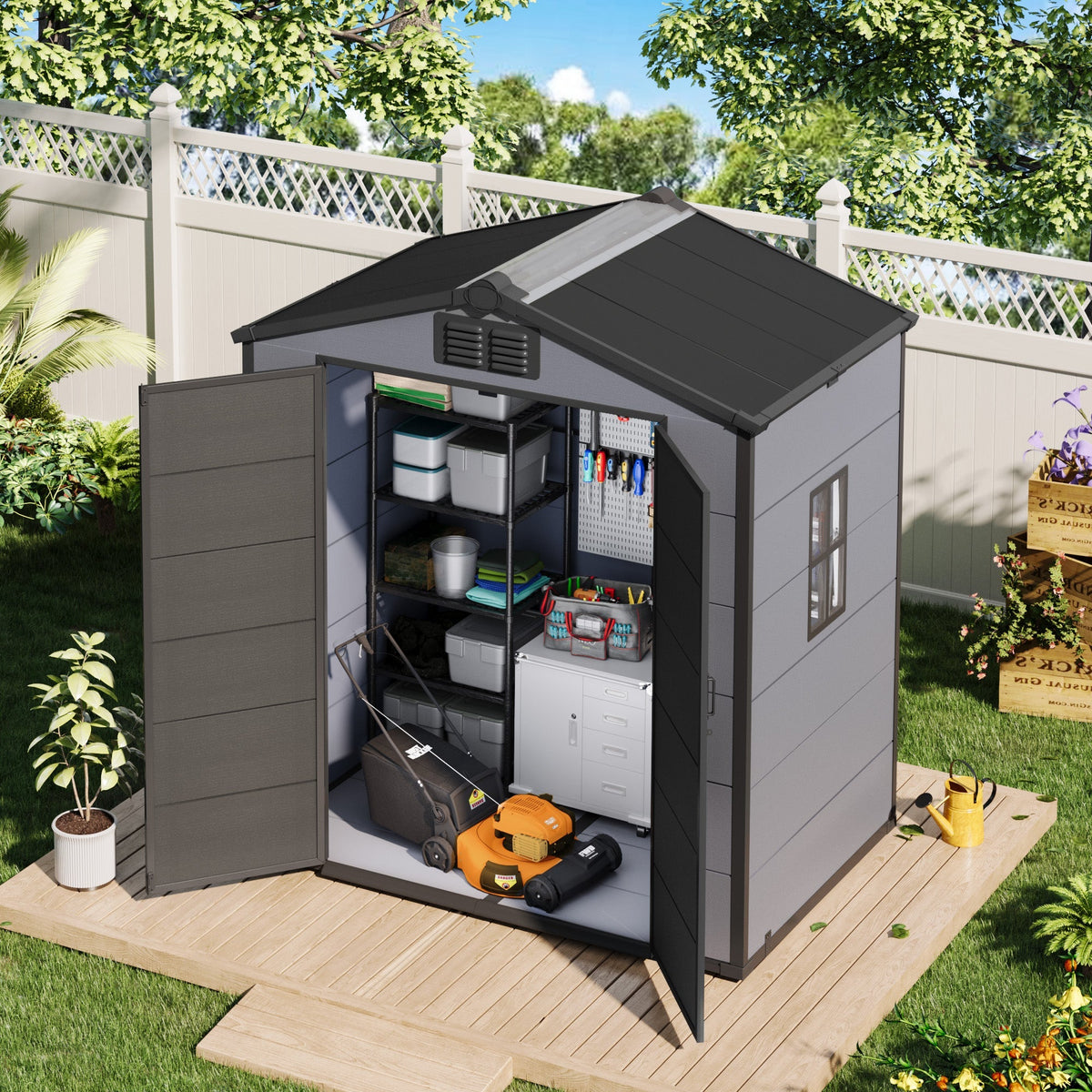 6x4 FT Outdoor Storage Shed, Weather-Resistant Shed with Lockable Double Doors & Built-In Floor, Sloped Roof Outdoor Shed for Backyard, Patio & Lawn, Black