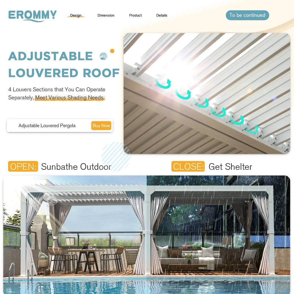 EROMMY 10x20 Louvered Pergola with Outdoor Curtains – White