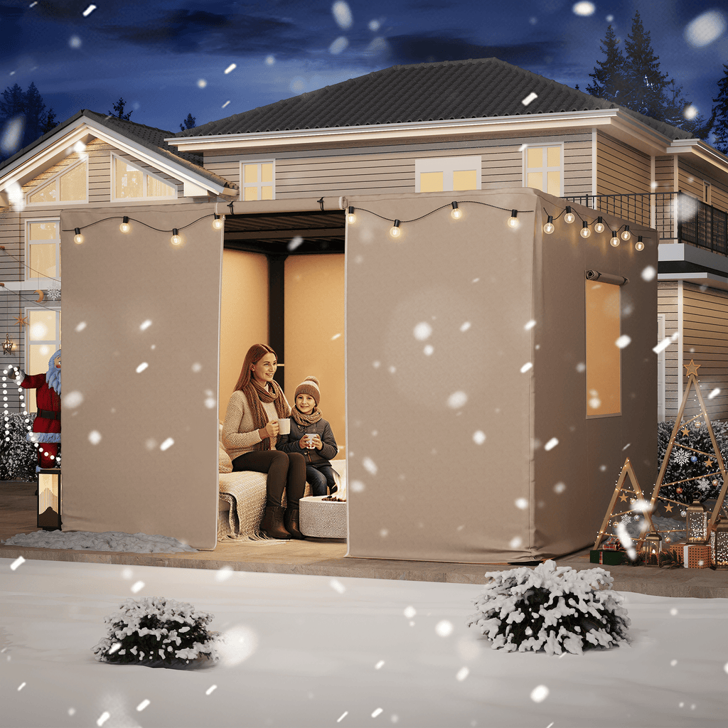 12FT X 12FT Pergola Winter Cover,  All-Season Pergola Accessory, Outdoor Pergola Cover with Sidewalls and Mesh Windows, Waterproof Enclosure for Weather Protection, Fits Most Pergola Sizes, Beige