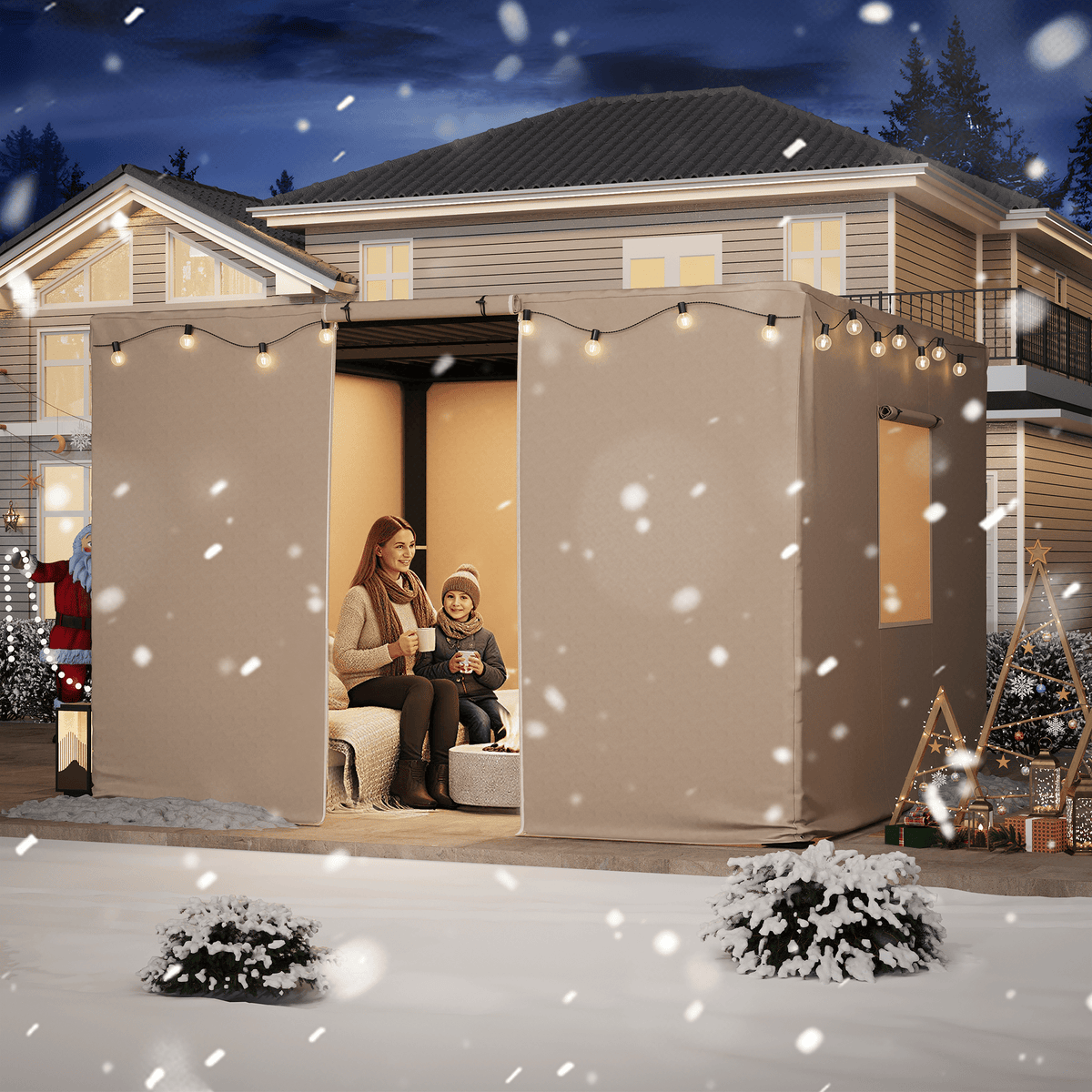 12FT X 12FT Pergola Winter Cover,  All-Season Pergola Accessory, Outdoor Pergola Cover with Sidewalls and Mesh Windows, Waterproof Enclosure for Weather Protection, Fits Most Pergola Sizes, Beige