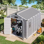 8x12 FT Outdoor Storage Shed, Weather-Resistant Shed with Lockable Double Doors & Built-In Floor, Sloped Roof Outdoor Shed for Backyard, Patio & Lawn, Gray