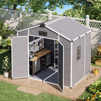 8x6 FT Outdoor Storage Shed, Weather-Resistant Shed with Lockable Double Doors & Built-In Floor, Sloped Roof Outdoor Shed for Backyard, Patio & Lawn, Gray