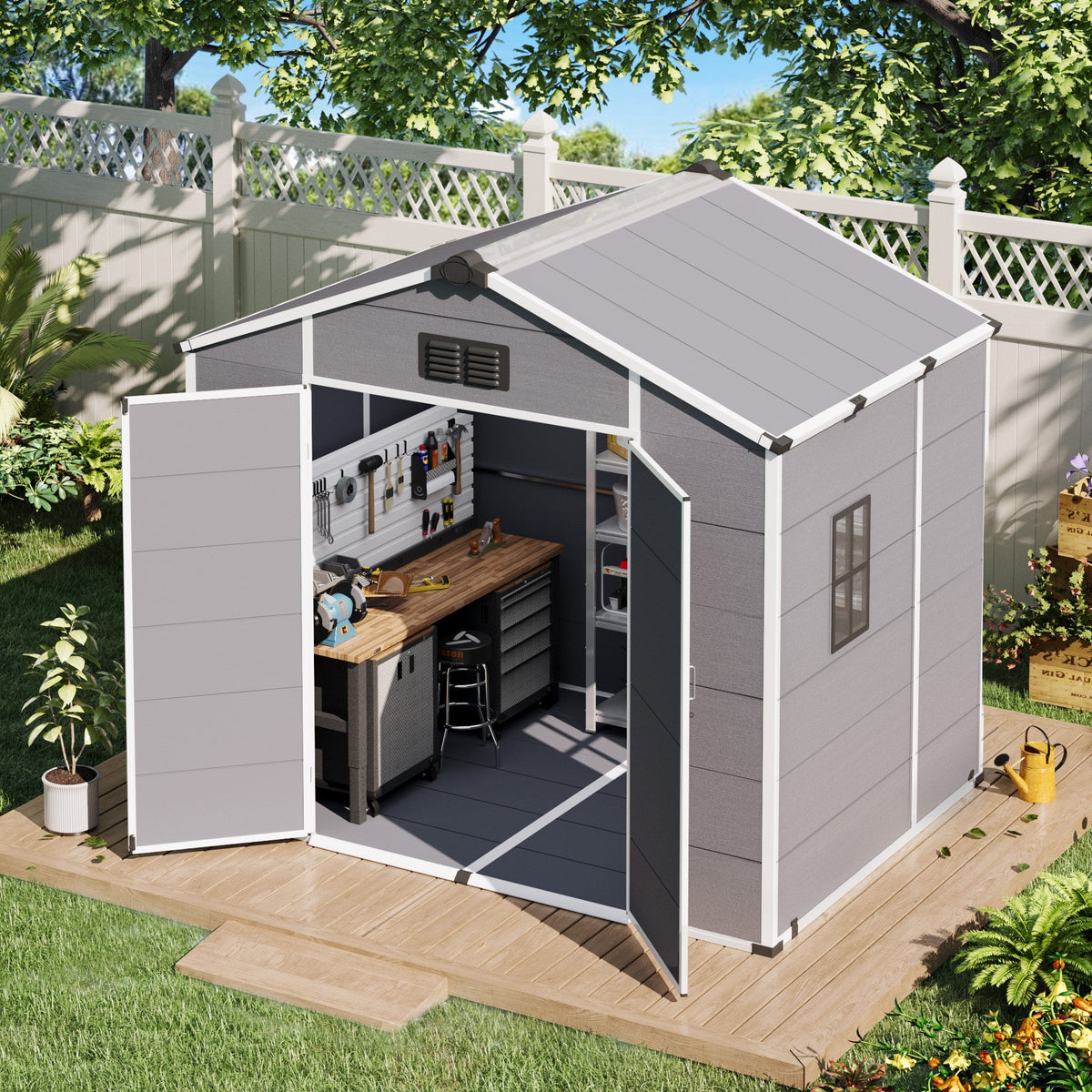 8x6 FT Outdoor Storage Shed, Weather-Resistant Shed with Lockable Double Doors & Built-In Floor, Sloped Roof Outdoor Shed for Backyard, Patio & Lawn, Gray