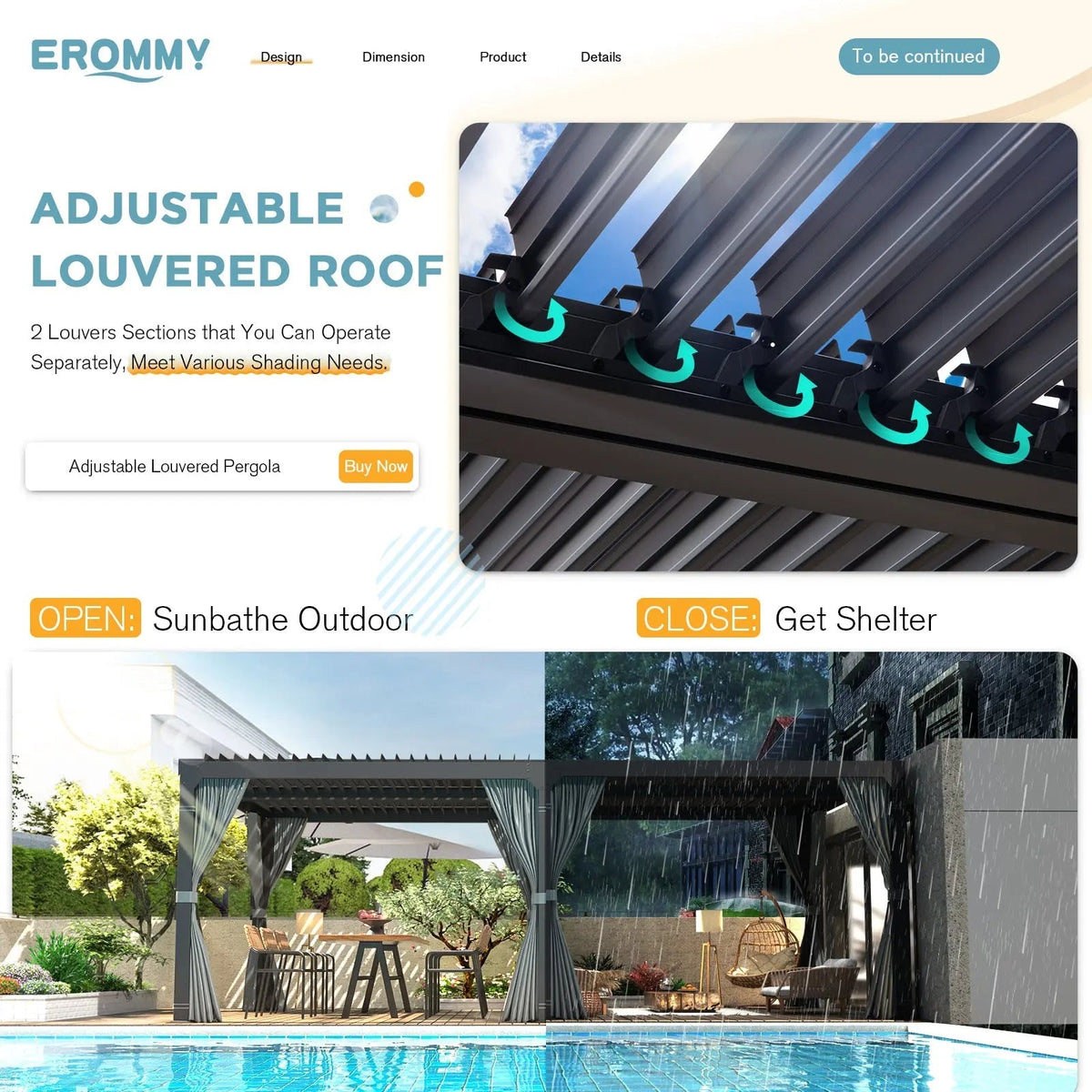 EROMMY 10x20 Metal Louvered Pergola with Outdoor Curtains – Dark Grey