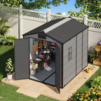 6x8 FT Outdoor Storage Shed, Weather-Resistant Shed with Lockable Double Doors & Built-In Floor, Sloped Roof Outdoor Shed for Backyard, Patio & Lawn, Gray