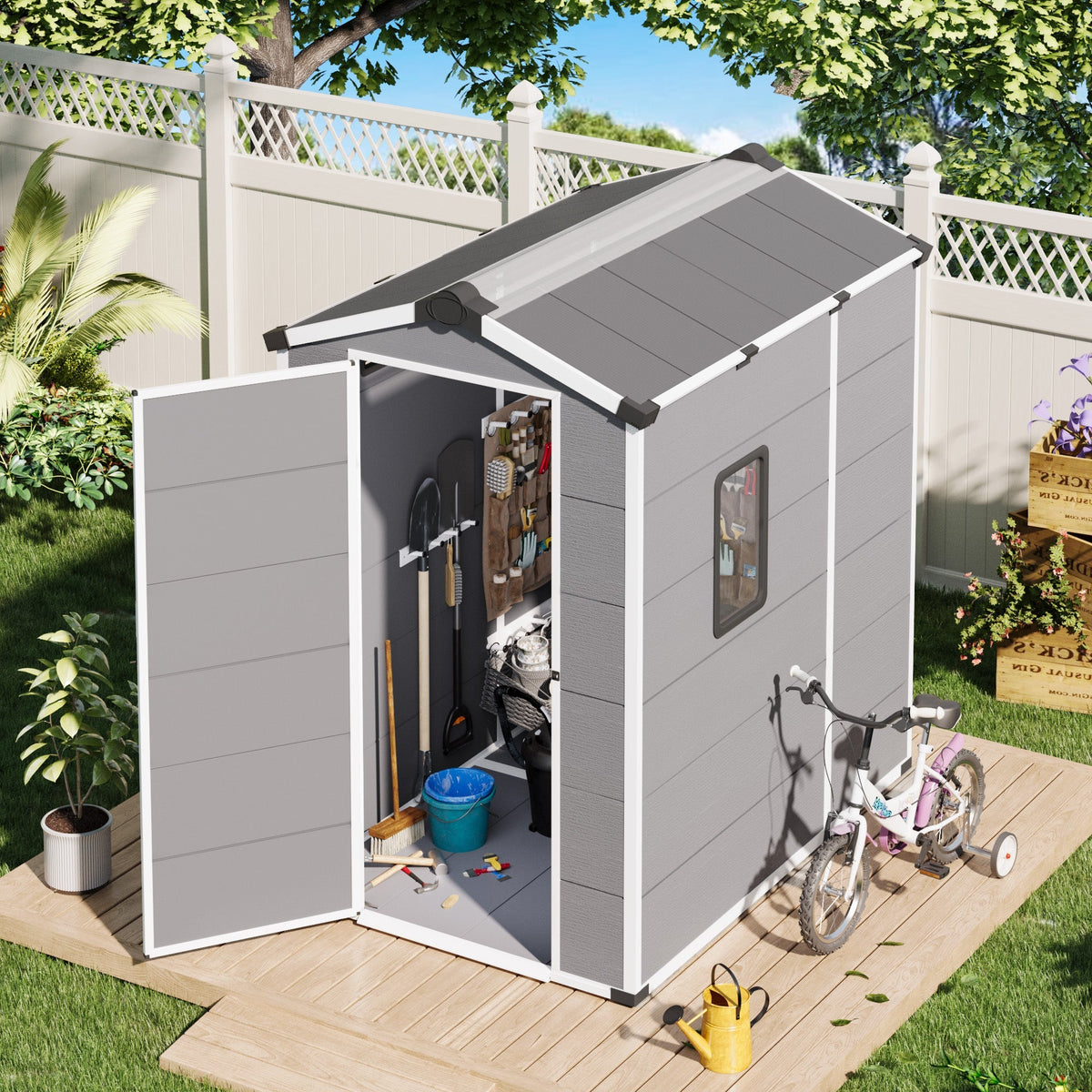 4x6 FT Outdoor Storage Shed, Weather-Resistant Shed with Lockable Double Doors & Built-In Floor, Sloped Roof Outdoor Shed for Backyard, Patio & Lawn, Gray