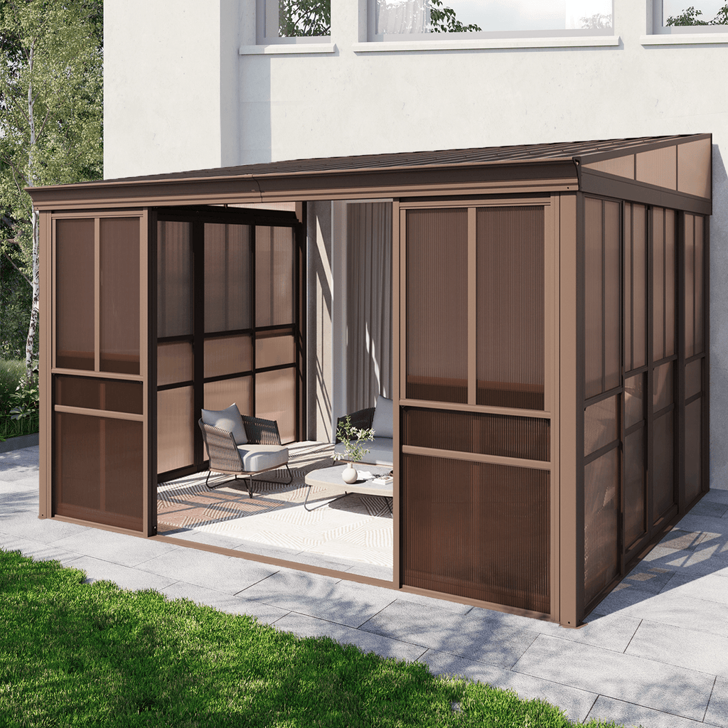 EROMMY 10 x 12FT Wall-Mounted Sunroom with Removable 3-Sided Doors & Aluminum Frame, All-Weather Sun Room with Galvanized Steel Roof, 6mm Thickened PC Screen