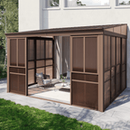 EROMMY 10 x 12FT Wall-Mounted Sunroom with Removable 3-Sided Doors & Aluminum Frame, All-Weather Sun Room with Galvanized Steel Roof, 6mm Thickened PC Screen