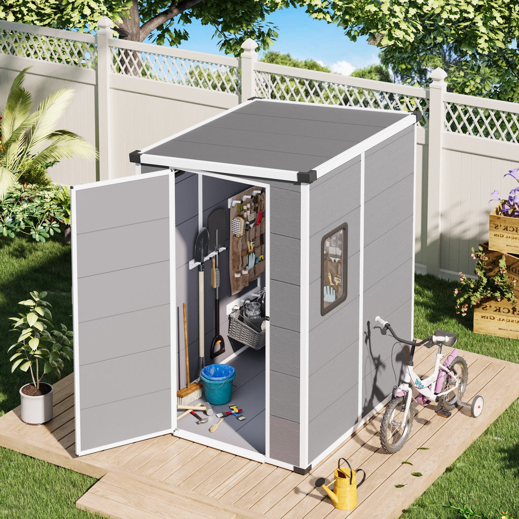 4x5 FT Outdoor Storage Shed, Weather-Resistant Shed with Lockable Double Doors & Built-In Floor, Sloped Roof Outdoor Shed for Backyard, Patio & Lawn, Gray