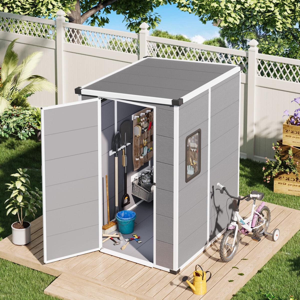 4x5 FT Outdoor Storage Shed, Weather-Resistant Shed with Lockable Double Doors & Built-In Floor, Sloped Roof Outdoor Shed for Backyard, Patio & Lawn, Gray