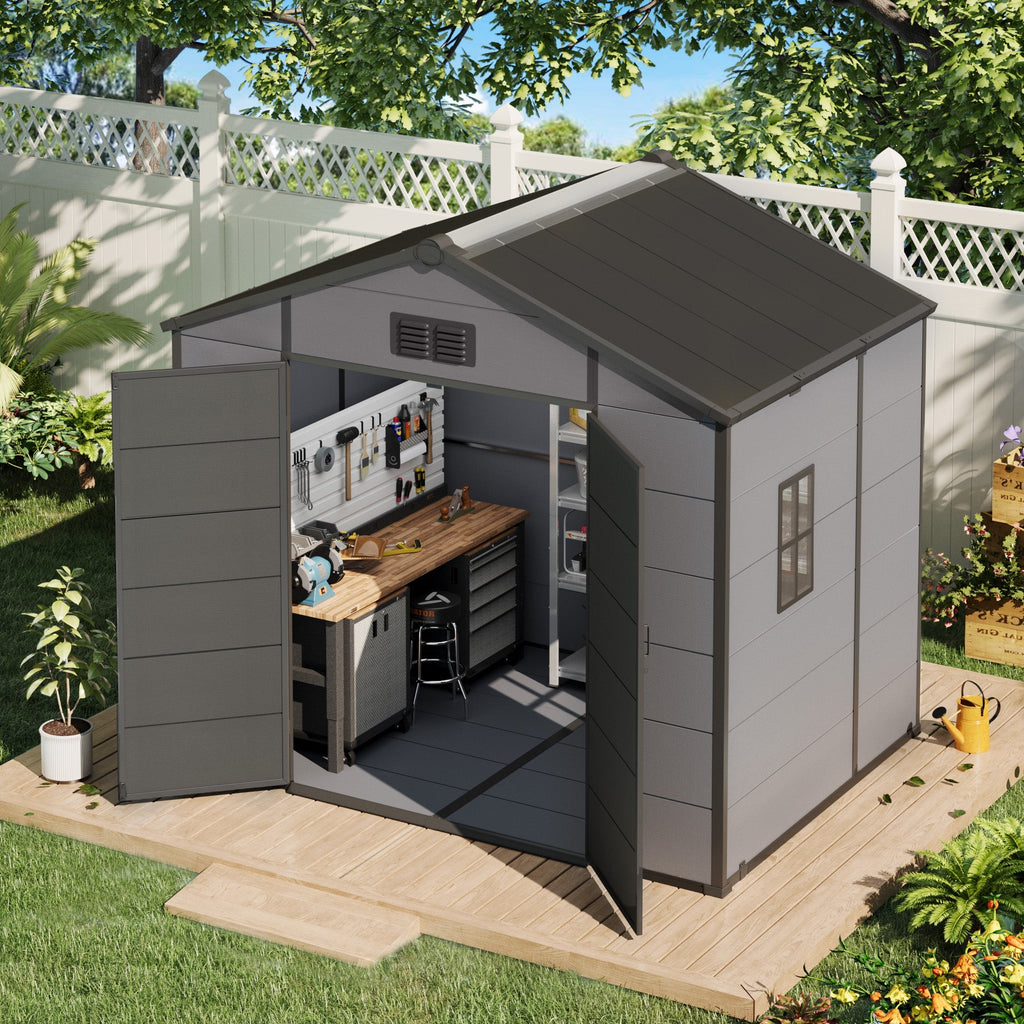 8x6 FT Outdoor Storage Shed, Weather-Resistant Shed with Lockable Double Doors & Built-In Floor, Sloped Roof Outdoor Shed for Backyard, Patio & Lawn, Black