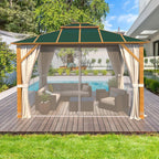 EROMMY 10'x12' Gazebo, Outdoor Wood Grain Hardtop Gazebos, Aluminum Composite Double Roof with Privacy Curtain and Mosquito Net Green