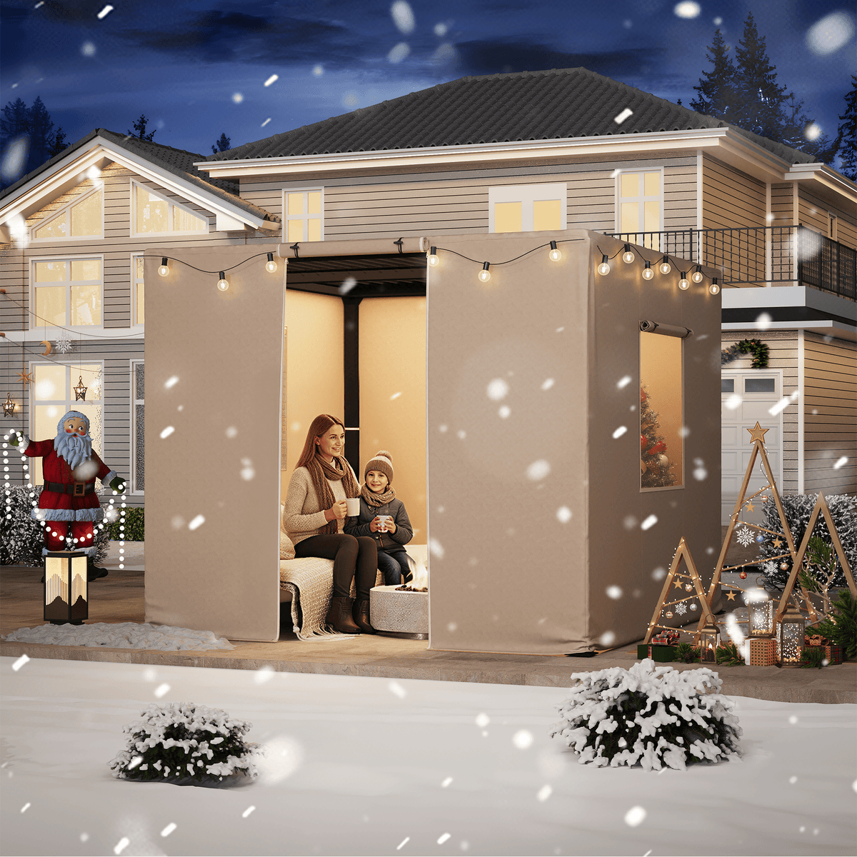 10FT X 10FT Pergola Winter Cover,  All-Season Pergola Accessory, Outdoor Pergola Cover with Sidewalls and Mesh Windows, Waterproof Enclosure for Weather Protection, Fits Most Pergola Sizes, Beige