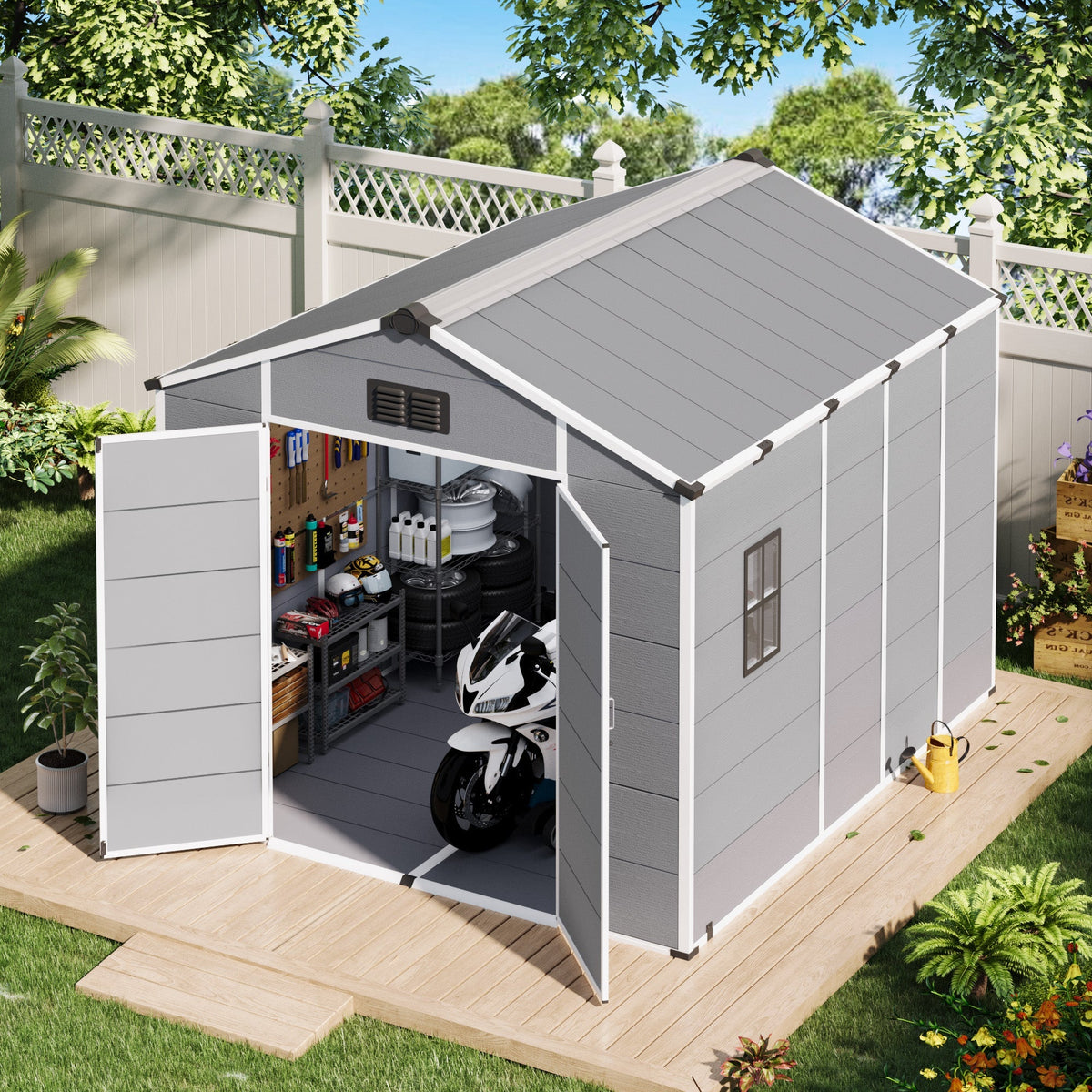 8x10 FT Outdoor Storage Shed, Weather-Resistant Shed with Lockable Double Doors & Built-In Floor, Sloped Roof Outdoor Shed for Backyard, Patio & Lawn, Gray
