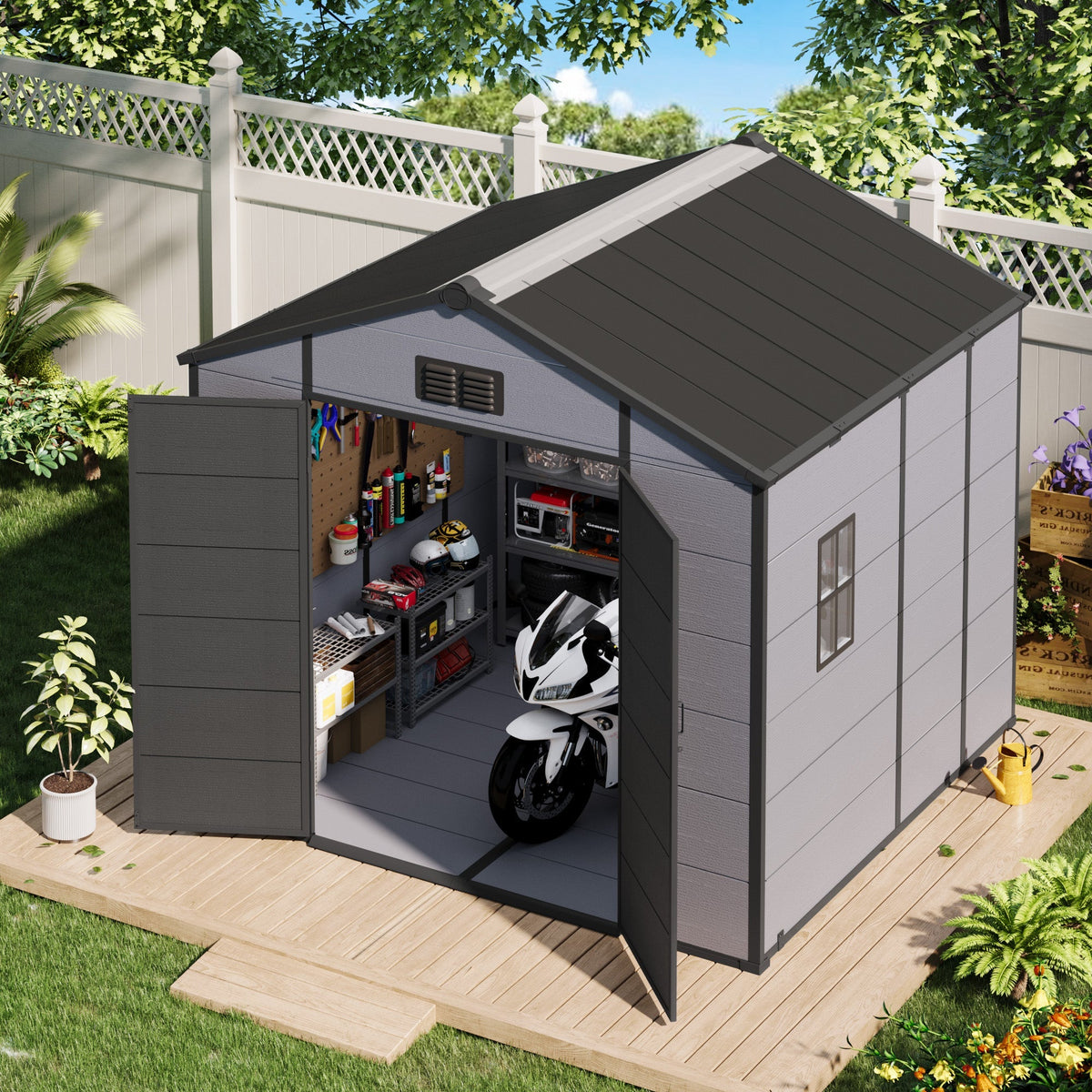 8x8 FT Outdoor Storage Shed, Weather-Resistant Shed with Lockable Double Doors & Built-In Floor, Sloped Roof Outdoor Shed for Backyard, Patio & Lawn, Black