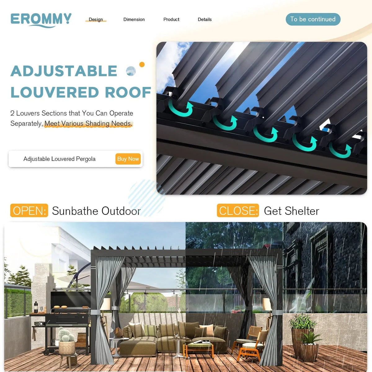 EROMMY 10x10 Louvered Pergola with Waterproof Rain Cover – Dark Grey