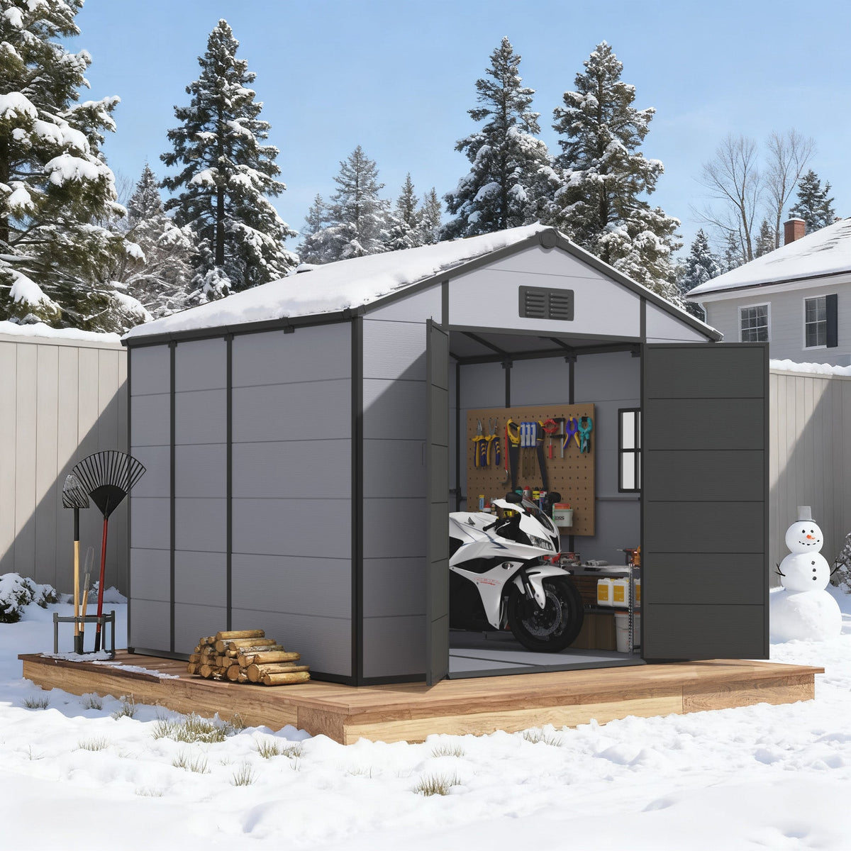 8x8 FT Outdoor Storage Shed, Weather-Resistant Shed with Lockable Double Doors & Built-In Floor, Sloped Roof Outdoor Shed for Backyard, Patio & Lawn, Black