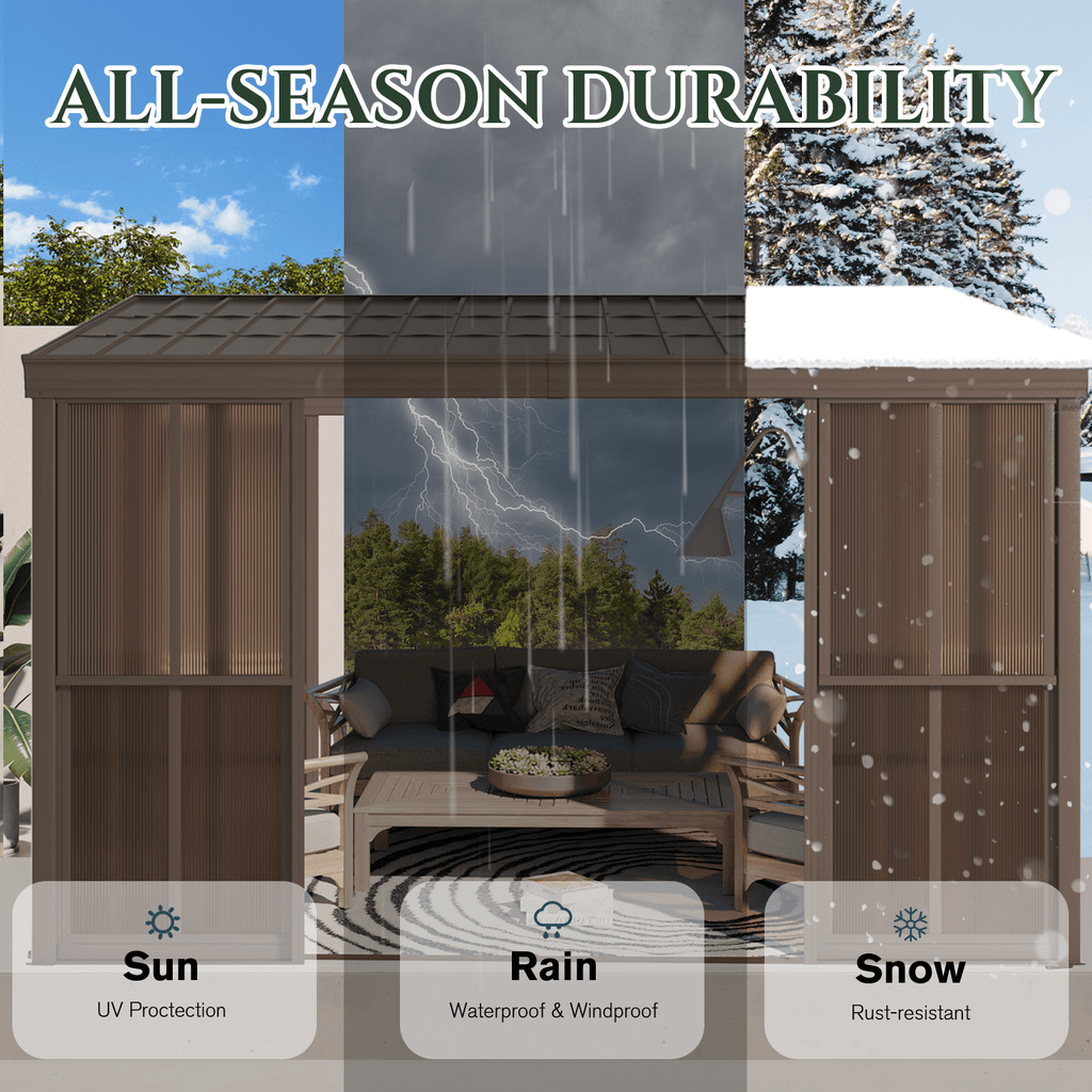 EROMMY 10 x 12FT Wall-Mounted Sunroom with Removable 3-Sided Doors & Aluminum Frame, All-Weather Sun Room with Galvanized Steel Roof, 6mm Thickened PC Screen